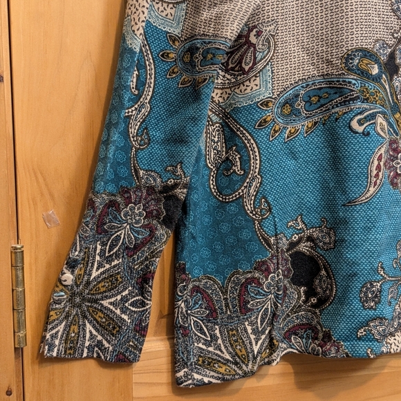 Chico's Sweater Pullover 2 LG Paisley Floral LS Top Green Brown Boho Artsy Comfy - Picture 4 of 12